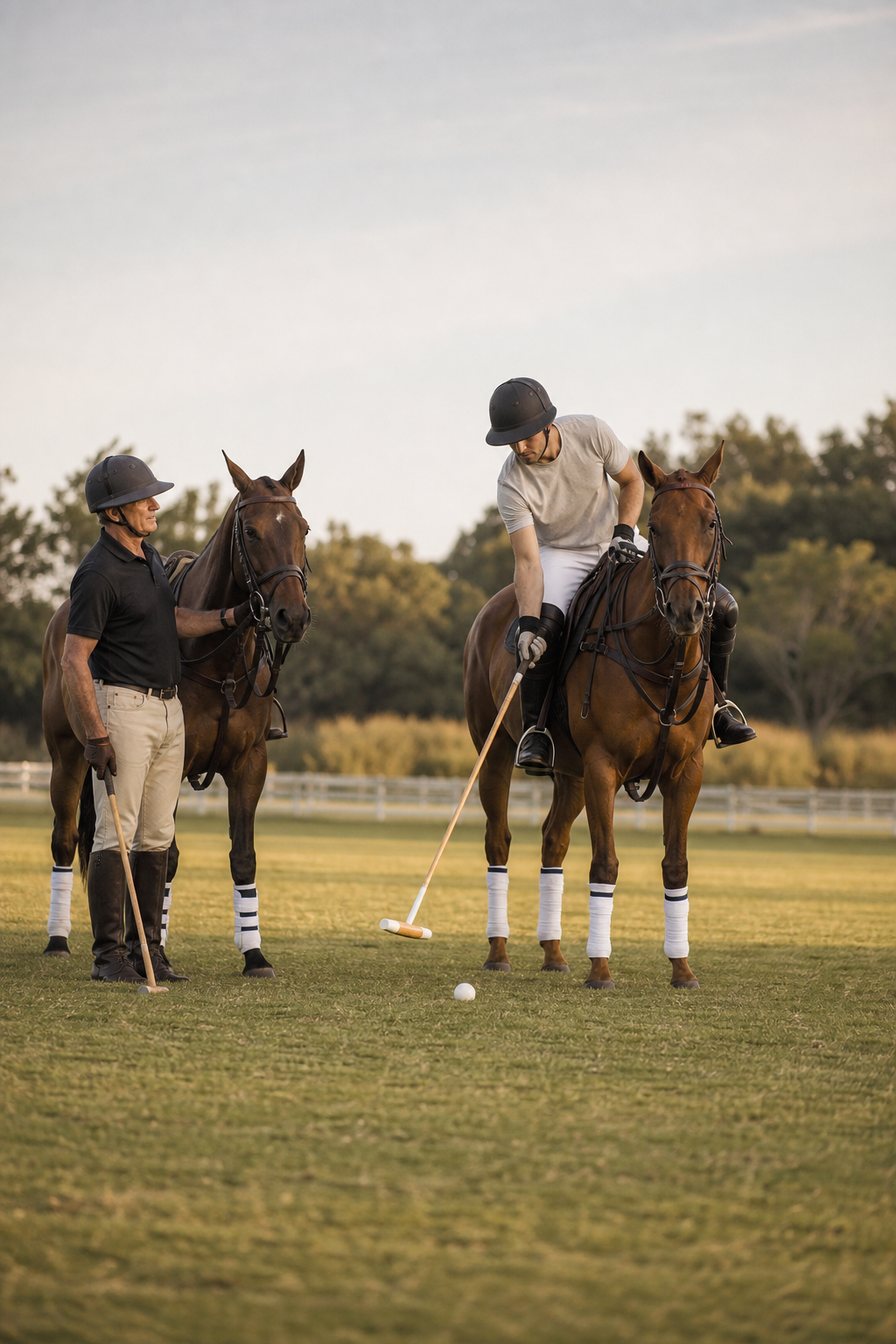 An instructor coaching an adult beginner during a polo lesson
