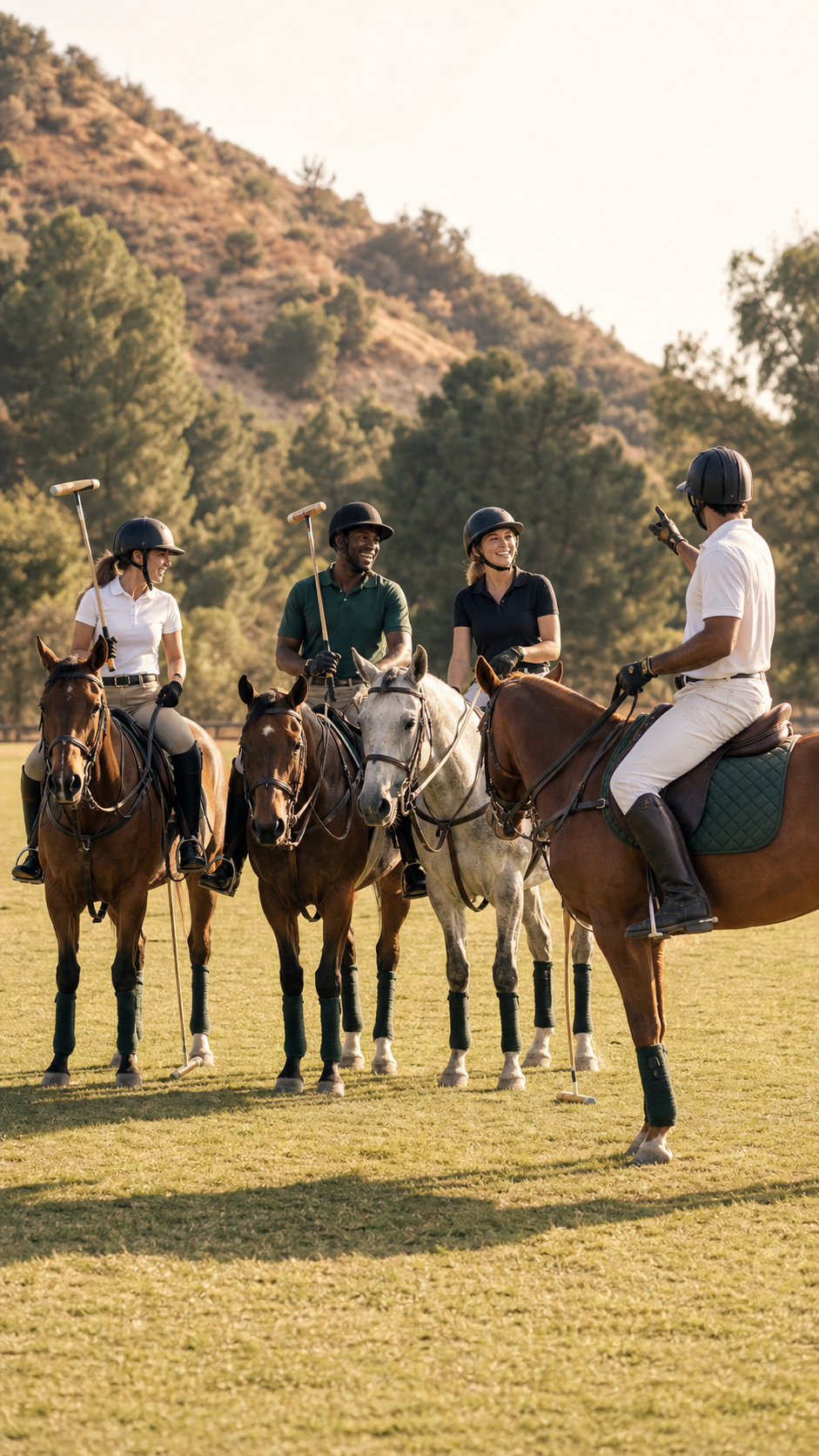 A group of adults enjoying beginner polo instruction together